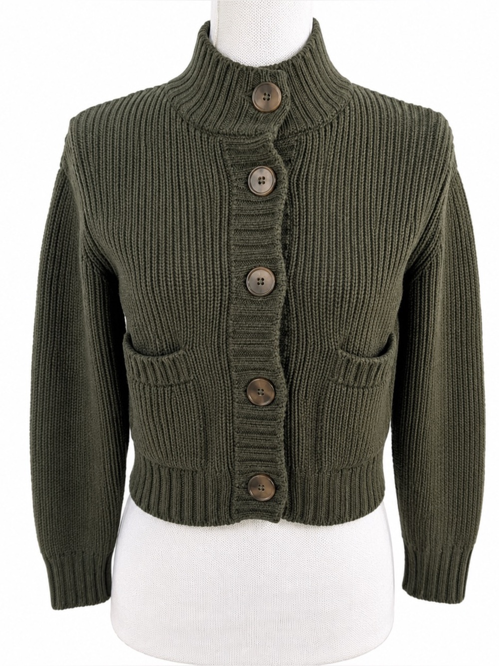 Mango MNG Olive Green Ribbed Cropped Cardigan Sweater XXS Mock Neck